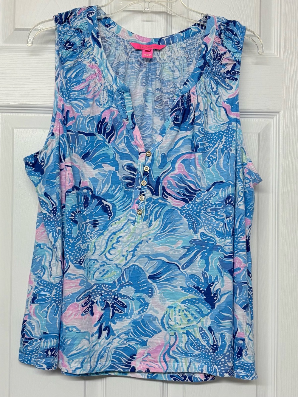 Lilly Pulitzer Tropical Print Sleeveless Cotton  V neck Top Blue Pink Sz.XXL